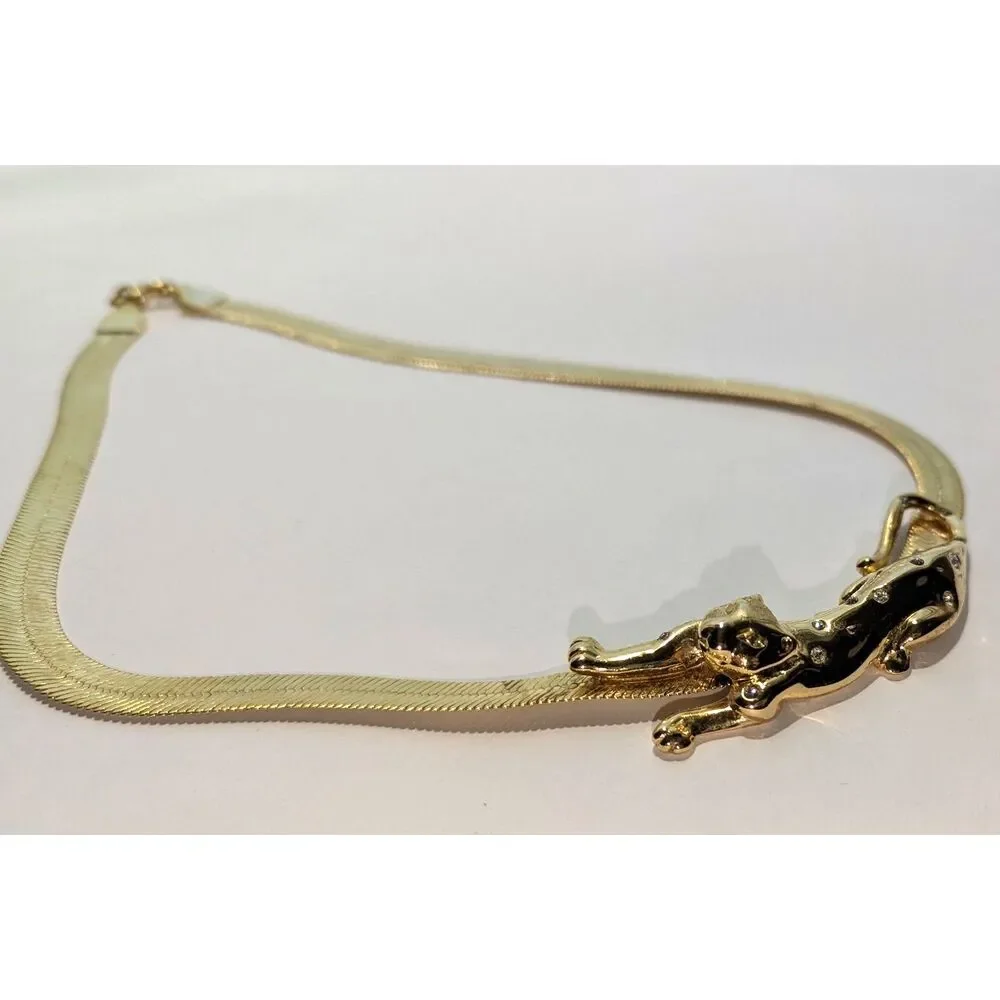 Leopard Panther Rhinestone Gold Tone Necklace - Picture 5 of 12